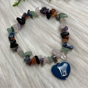 Mix gemstones L monogram enamel heart stretchy bracelet